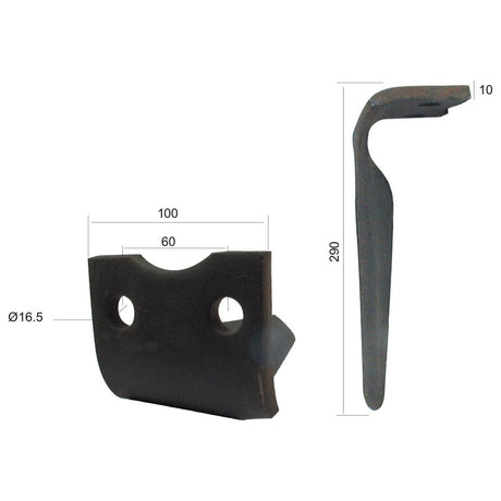 Two metal brackets are shown: one face-on with two holes and one side-on, displaying their dimensions of 100x60x16.5mm for the flat piece and 290x10mm for the angled piece. Ideal as a replacement for Pegoraro models, specifically designed to fit Power Harrow Blade setups under Sparex Part No. S.78641, identified by part number 007863.