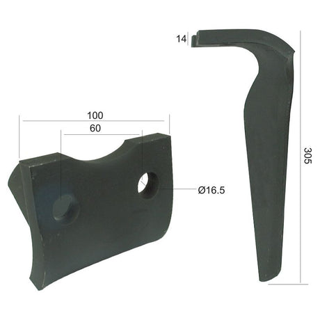 Two black metal parts are shown: one with two drilled holes, having marked dimensions of 100x60xØ16.5. The other part resembles the Sparex Power Harrow Blade (Product No. S.78644) for Pegoraro or Morra machines, featuring a hook shape with dimensions of 305mm in length and a 14mm width at the top.