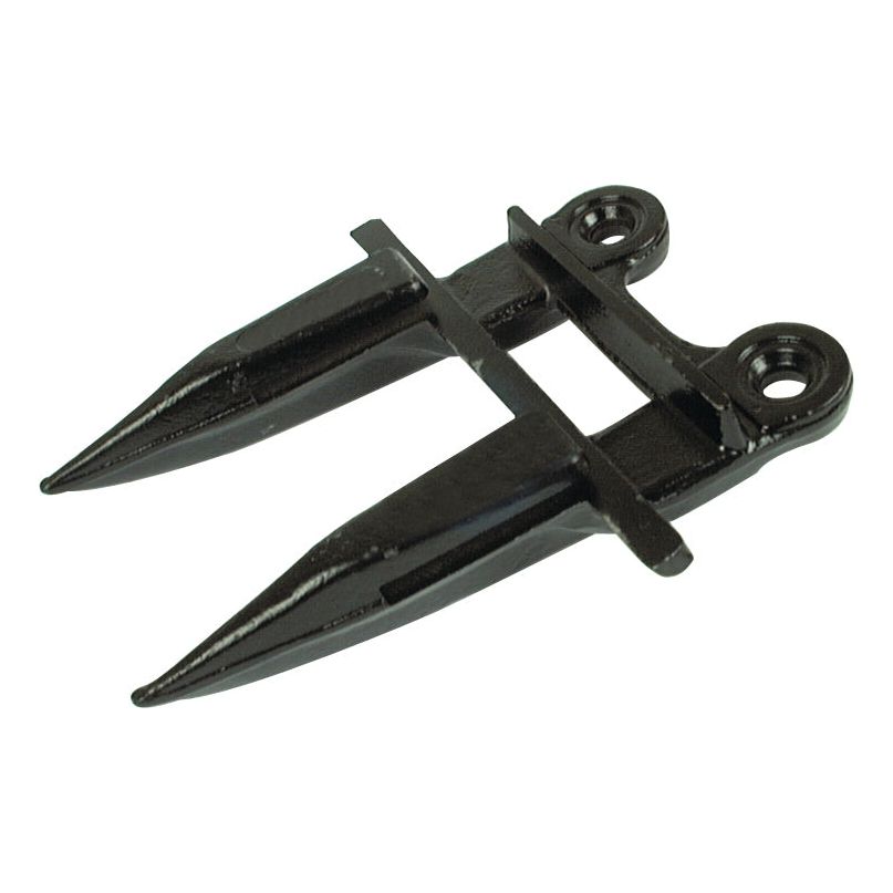 A black metal Double Finger with two sharp prongs and two mounting holes, ideal as a replacement part for Claas equipment. To fit as: 676235.2 | Sparex Part No.S.78651 by Sparex.