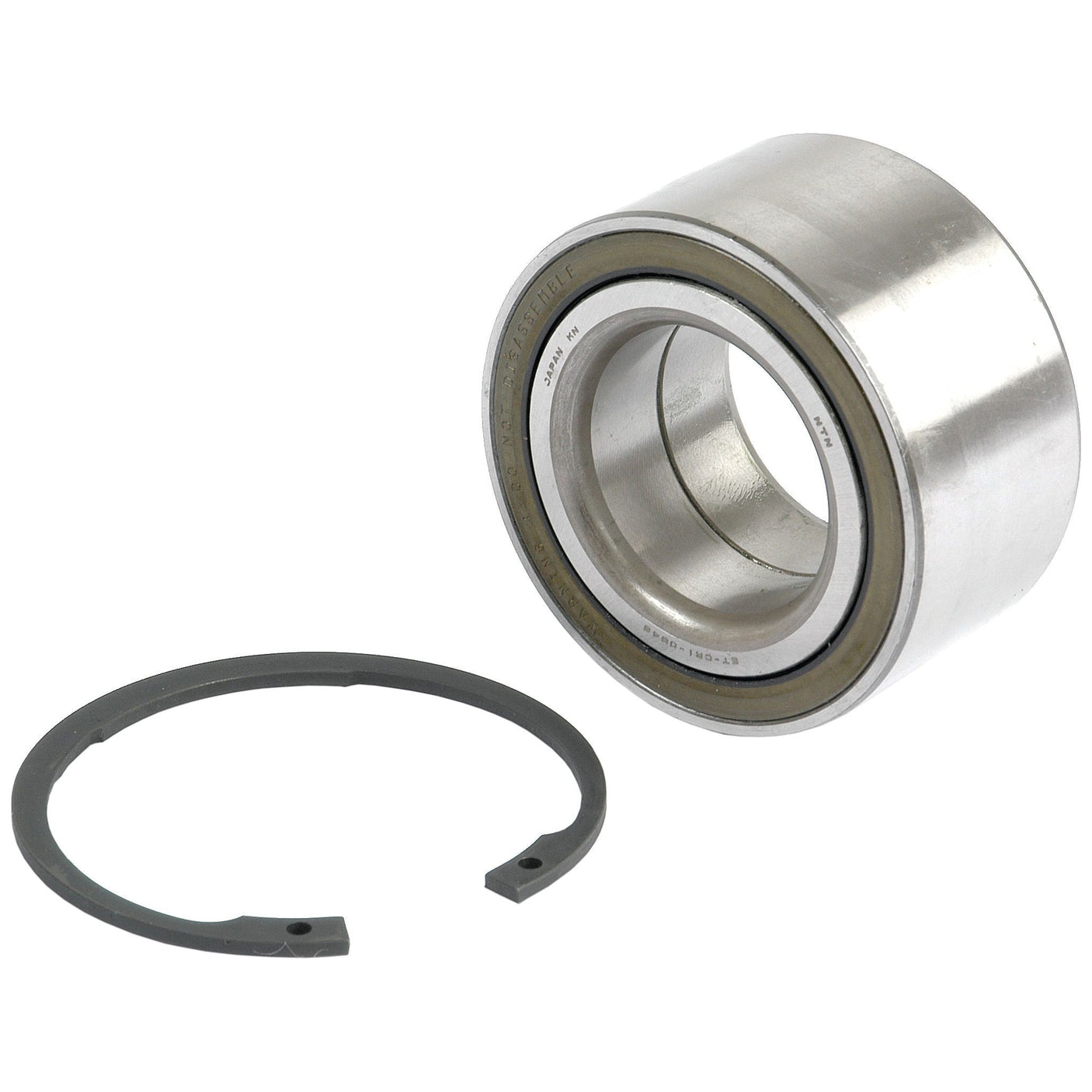 The Wheel Bearing Kit by Sparex (Part No. S.7866) includes a silver cylindrical bearing accompanied by a black retaining ring, commonly used in Ifor Williams trailers. The bearing showcases clearly visible inner and outer rings, while the flat and circular retaining ring has two open ends, making it versatile for different trailer types.