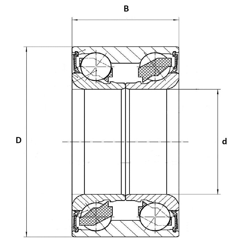 Technical diagram of a cylindrical roller bearing, showing a cross-sectional view with labeled dimensions: outer diameter (D), inner diameter (d), and width (B). Ideal for the Sparex Wheel Bearing Kit (Sparex Part No.S.7866) in your Ifor Williams trailer type maintenance.