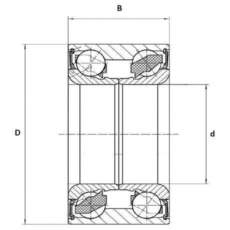 Technical diagram of a cylindrical roller bearing, showing a cross-sectional view with labeled dimensions: outer diameter (D), inner diameter (d), and width (B). Ideal for the Sparex Wheel Bearing Kit (Sparex Part No.S.7866) in your Ifor Williams trailer type maintenance.