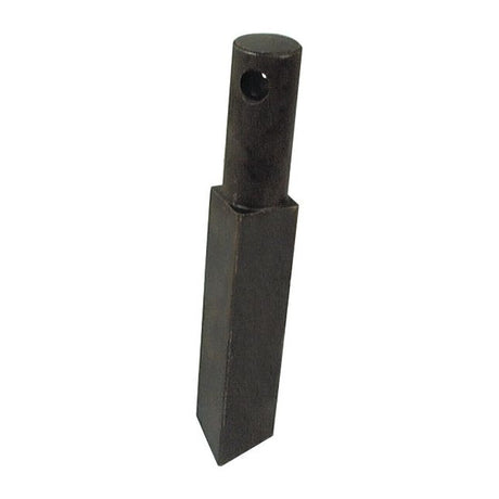 Image of a black, cylindrical metal piece with a square base and a hole near the top, identified as the Sparex Rotavator Blade Straight - 25x25mm Height with Hole Ø:10mm, replacement part E23374 for Howard.