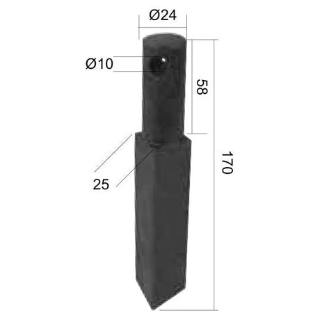 Diagram of a black, vertical Rotavator Blade Straight from Sparex, dimensions labeled: top diameter 24mm, height 58mm, hole with 10mm diameter, overall height 170mm, and a 25mm width at the bottom section. Compatible with Howard E23374 applications (Sparex Part No. S.78670).