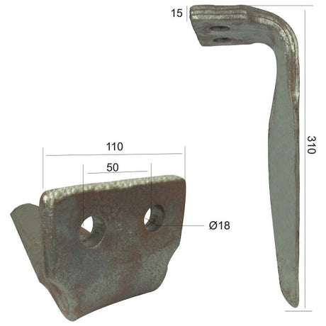 Two metallic L-shaped brackets with dimensions labeled: 110mm width, 15mm shorter side, 310mm height, hole centers at 50mm apart, and 18mm diameter holes. Ideal as a replacement for Agram components or Sparex parts on your Power Harrow Blade (Sparex Part No. S.78678 / Agram Ref: 052701).