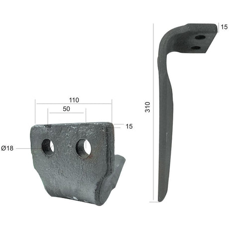 Sparex Power Harrow Blade 110x15x310mm LH, designed with two 18mm diameter bolt holes spaced 50mm apart. Displayed from front and side views, the bracket measures 310mm in height and 110mm in width. This component is an ideal replacement for Agram Power Harrow Blade parts, fitting as part number 052801 (Sparex Part No.S.78679).