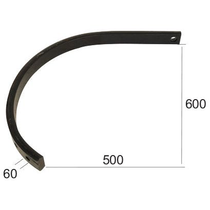 A curved black metal bracket from Sparex, resembling the Ripper tine 55x25mm (Sparex Part No. S.78687), is shown with dimensions labeled as 600mm in height, 500mm in depth, and 60mm in width.