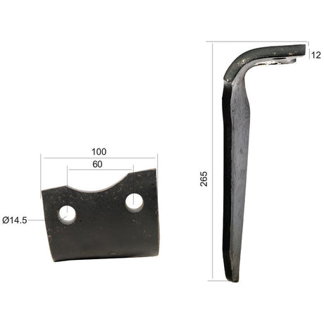 Image of a Sparex power harrow blade with dimensions: 14.5 mm hole diameter, 100 mm width, 60 mm hole centers, 12 mm thickness, and 265 mm height. This product is a replacement for Howard HK20 power harrow blades and fits model number 182935. Brand: Sparex Part No.S.78695