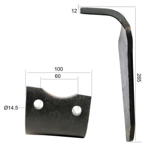 Power Harrow Blade 100x60x265mm RH. Hole centres: 60mm. Hole⌀ 14.5mm. Replacement forHoward.
 - S.78696 - Farming Parts