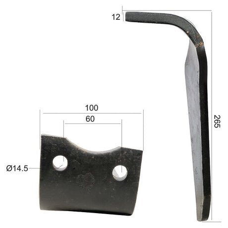 Two metal parts, each with dimensions of 265 mm in height, 60 mm in width, 100 mm in length, and a thickness of 12 mm. Both parts feature holes with a diameter of Ø 14.5 mm and hole centers spaced at 60mm. One part is L-shaped and serves as a replacement for the Howard HK20 Power Harrow Blade. This part matches the specifications of Sparex's Power Harrow Blade (100x60x265mm RH), specifically designed as Sparex Part No.S.78696 to fit model number 182936.