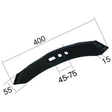 The Reversible Point (Sparex Part No. S.78698) measures 400 mm in length, 55 mm in width, and 15 mm in height, with hole centers ranging from 45 to 75 mm. This heavy-duty black metal component is ideal for Universal Tractors and is available from Sparex.