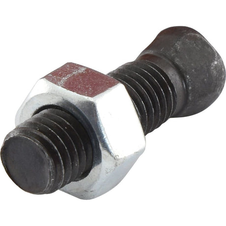 Close-up of a Sparex Conical Head Bolt 4 Flats With Nut (TC4M) - M12 x 32mm, partially threaded onto the bolt's shaft. The bolt's head appears rounded and worn.