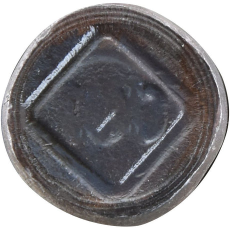 A close-up photograph of a dark-colored, round object with a diamond-shaped indentation featuring worn, indistinguishable raised markings, resembling the Sparex Conical Head Bolt 4 Flats With Nut (TC4M) - M12 x 32mm, Tensile strength 10.9 (900812).