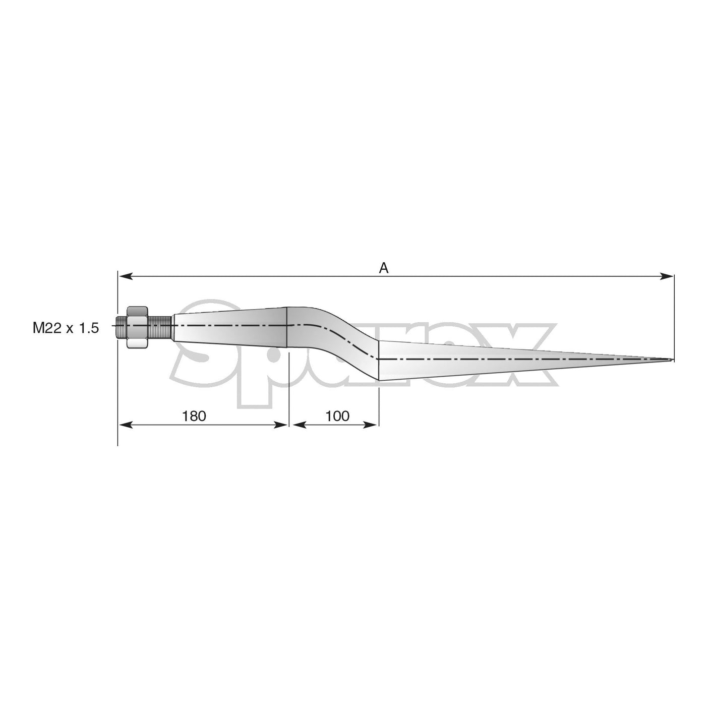 A technical drawing of the Loader Tine - Cranked 815mm by Sparex, with dimensions. Length labeled 'A,' inlet threads marked 'M22 x 1.50 (Square),' and other dimensions indicated as 100 mm and 180 mm, featuring a Tine with Ø36mm for enhanced compatibility.