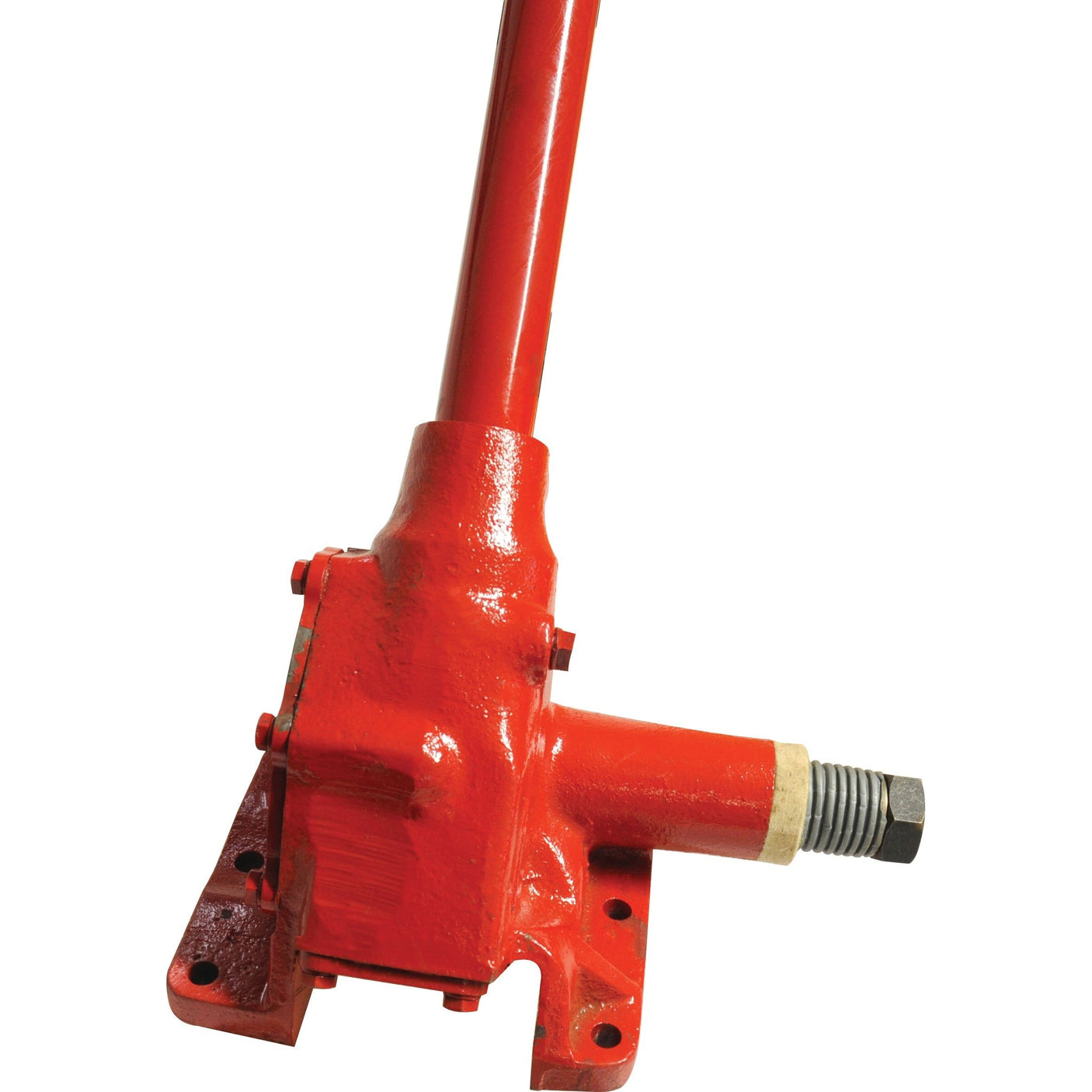 A red-painted mechanical component featuring a long handle, multiple mounting points, and a protruding Sparex Round Countersunk Square Hex Bolt & Nut (TFCC) - M11 x 55mm with tensile strength of 8.8 at the base.