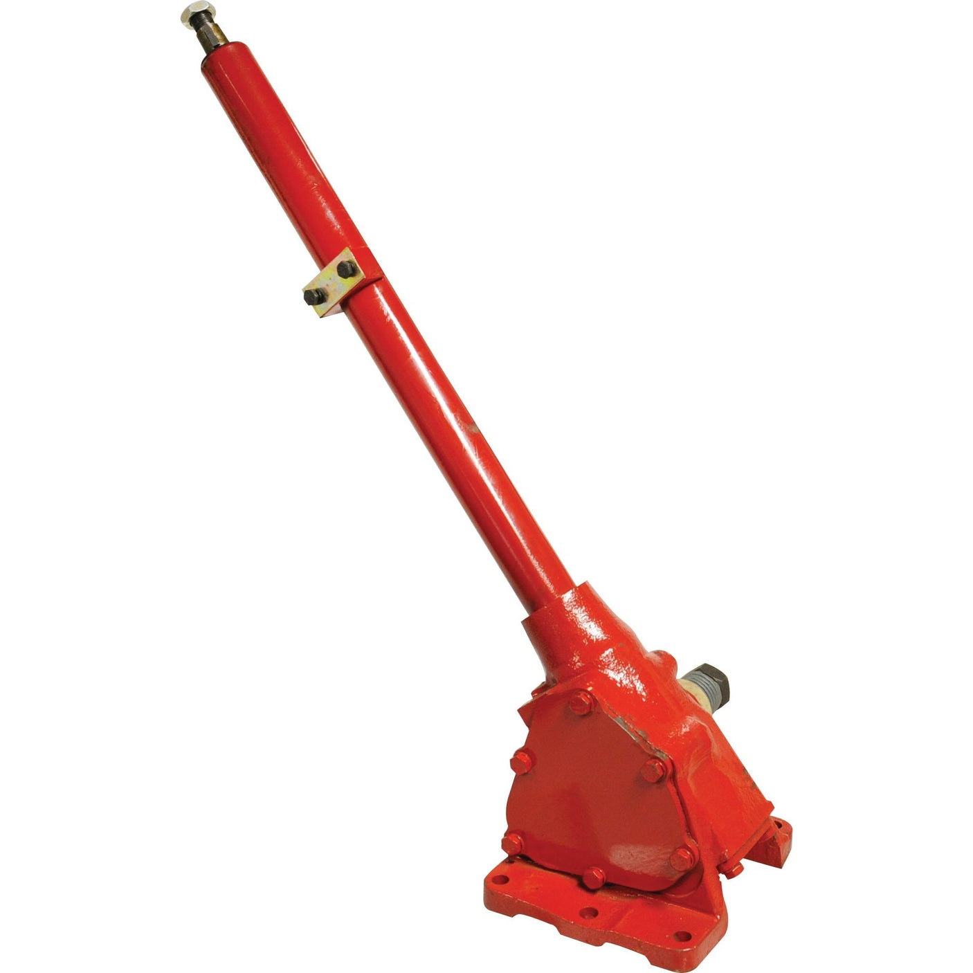 A red manual jack with a long handle, used for lifting heavy objects, is equipped with a Round Countersunk Square Hex Bolt & Nut (TFCC) - M11 x 55mm from Sparex (Part No.S.7882) for added stability and stands upright on a white background.