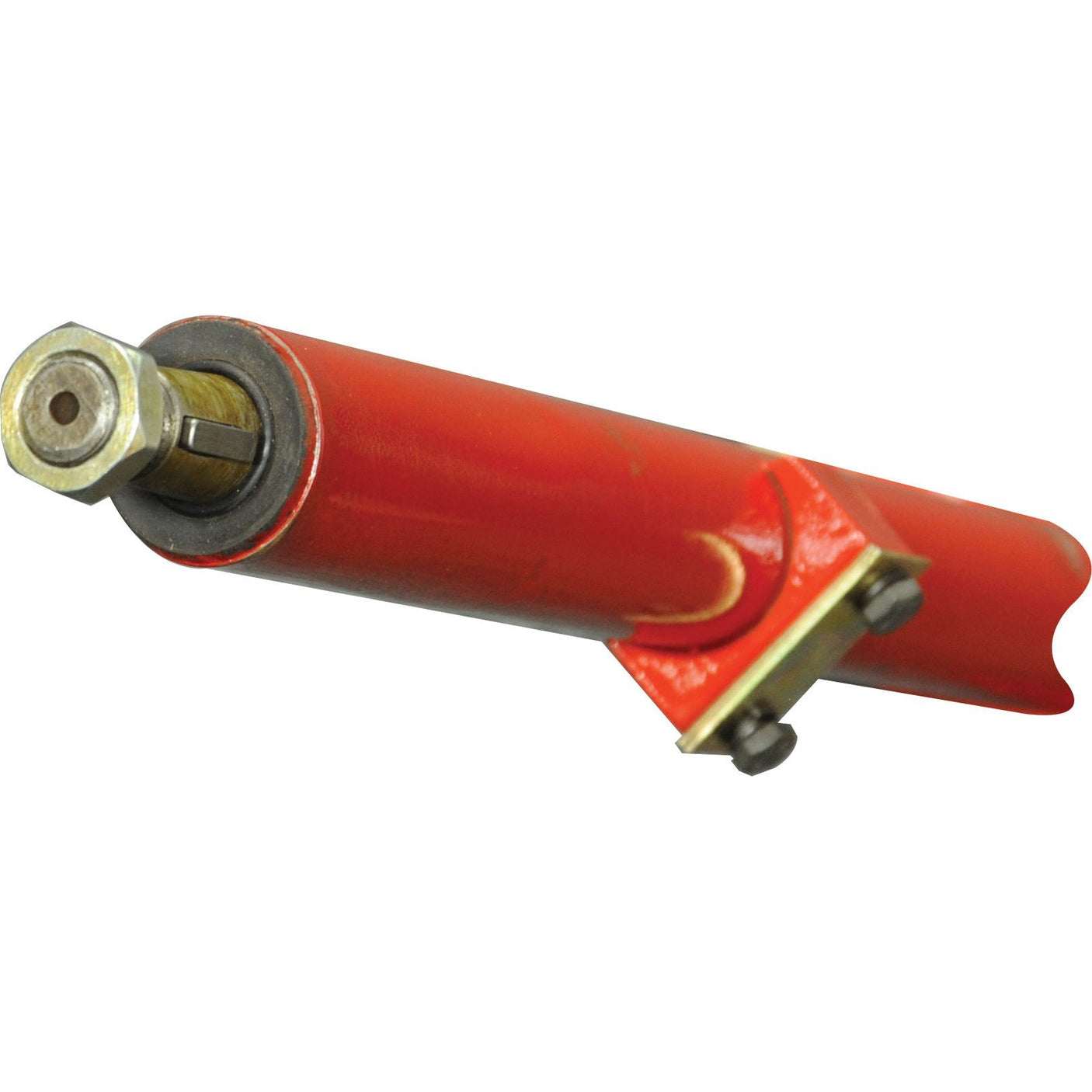 A red hydraulic cylinder with metal fittings and bolts, featuring a Sparex Round Countersunk Square Hex Bolt & Nut (TFCC) - M11 x 55mm, Tensile strength 8.8, viewed from an angle.