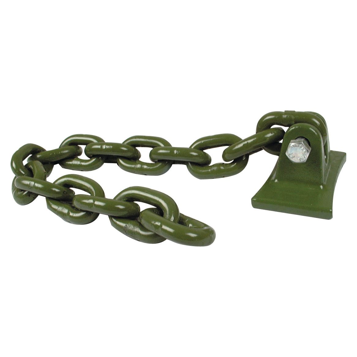 A green metal chain, part of the Sparex Flail Chain Assembly 1/2'' x 15 Link Replacement for Fraser (Sparex Part No. S.78854), is attached to a bolted mounting bracket on one end.