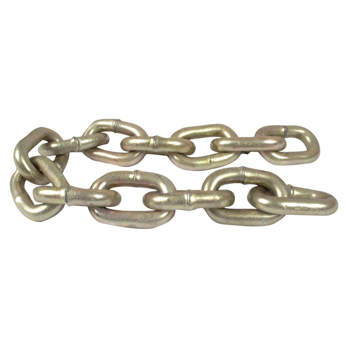 A short length of heavy-duty metal chain with interlocking oval links laid out in a slightly curved arrangement, suitable as a flail chain replacement, such as the Flail Chain 3/8'' x 13 Link Replacement for Howard, Sparex Part No. S.78857 by Sparex.