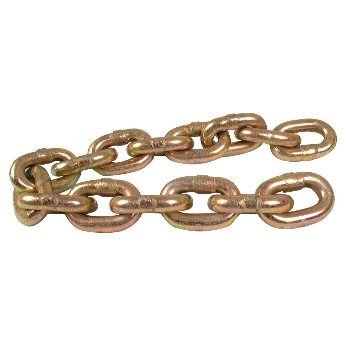 A close-up of a gold-colored metal chain with oval links, resembling the intricate design of the Flail Chain 1/2'' x 15 Link Replacement for Howard, Sparex Part No. S.78860.