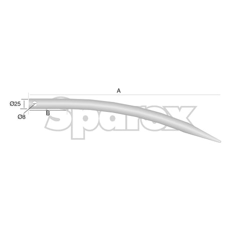 Diagram of the Loader Tine - Curved 456mm by Sparex, with measurements labeled. The diameter at one end is 25mm and 8mm at the other end. The length, referred to as 'A,' and the narrower section, denoted by 'B,' are clearly marked for precise pin fitting.