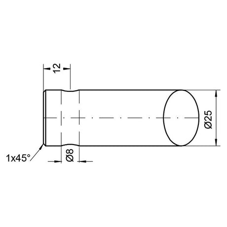 Technical drawing of the Sparex Loader Tine - Curved 456mm, (Round) GR25 - S.78883 with a 25 mm diameter, an 8 mm diameter central hole, and a 45-degree chamfer on one end. Dimensions labeled include 12 mm and 8 mm for precise pin fitting.