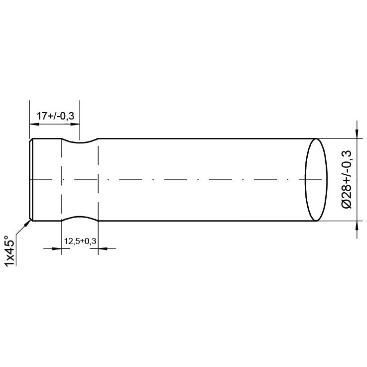 Technical drawing of the Loader Tine - Curved 600mm, (Round), product code 0454440 - S.78895 by Sparex, with a cylindrical section diameter of 28 mm and length of 45 mm, showing measurements in millimeters, tolerances, and detailed specifications for the pin fitting.