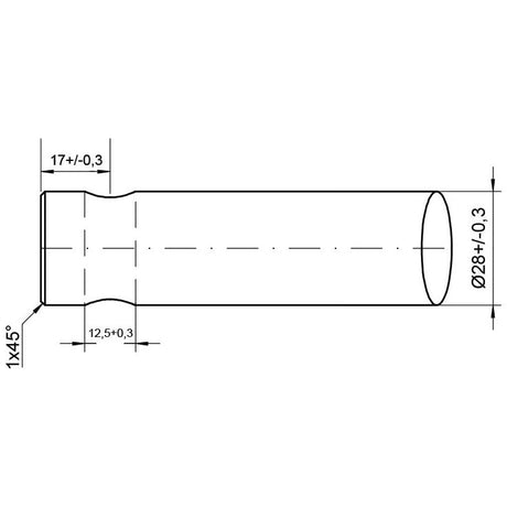 Technical drawing of the Loader Tine - Curved 600mm, (Round), product code 0454440 - S.78895 by Sparex, with a cylindrical section diameter of 28 mm and length of 45 mm, showing measurements in millimeters, tolerances, and detailed specifications for the pin fitting.