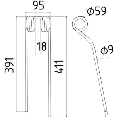 Tedder haytine - RH -  Length:411mm, Width:95mm,⌀9mm - Replacement for Claas, Bautz
 - S.78923 - Farming Parts