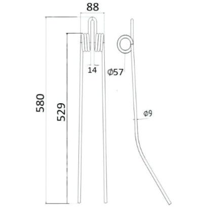 Technical drawing of a metal component with dimensions: height 580 mm, length 529 mm, width 88 mm, and featuring a smaller diameter of Ø9mm. This part is designed by Sparex for precision engineering as a Swather/Tedder Tine, replacement for Deutz-Fahr fitting as: 06581509 (Sparex Part No.S.78926).