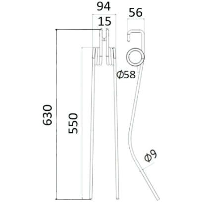 Technical drawing of a Swather/Tedder Tine from Sparex, used as a replacement for Deutz-Fahr part 16504333, with various measurements labeled, including a length of 630 mm and widths of 94 mm and Ø9 mm.