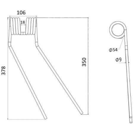 Tedder haytine - RH -  Length:378mm, Width:106mm,⌀9mm - Replacement for Fella
 - S.78937 - Farming Parts