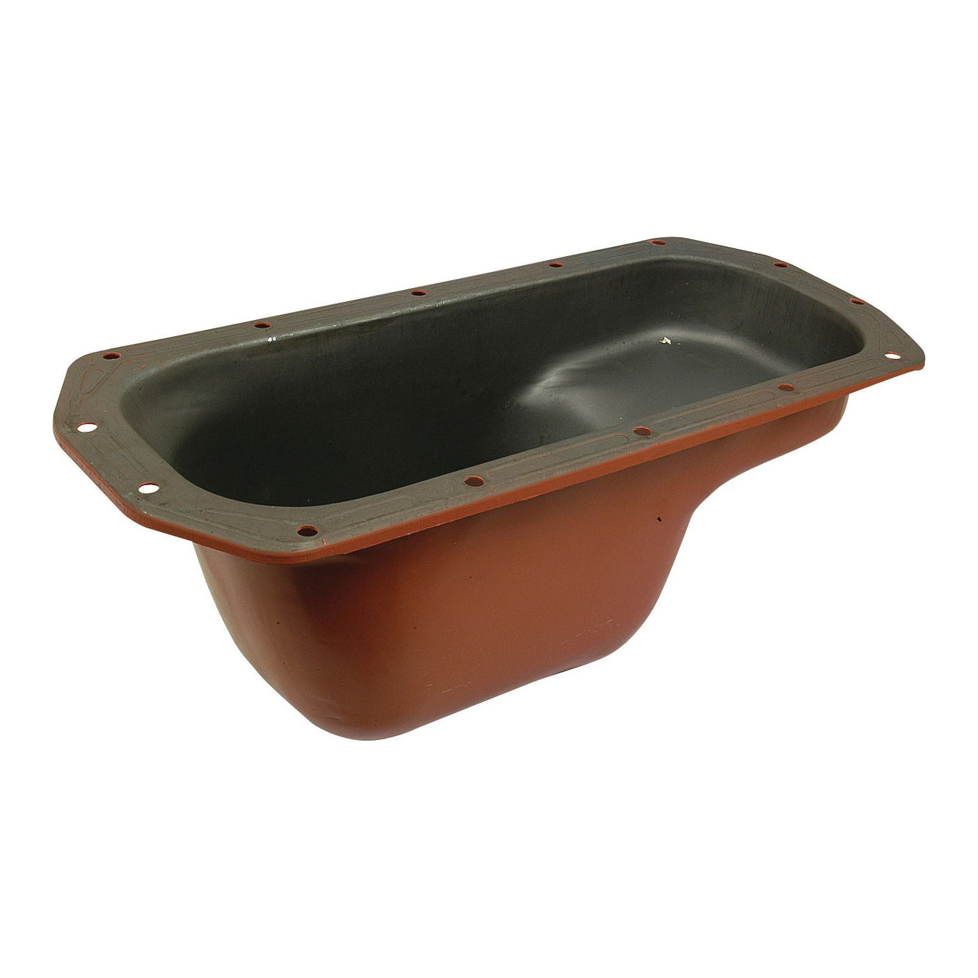 Rectangular, rust-colored metal oil pan, known as the Oil Sump (Sparex Part No. S.7893) from Sparex, designed for an International Harvester and featuring a hole in the bottom flange for easy mounting.