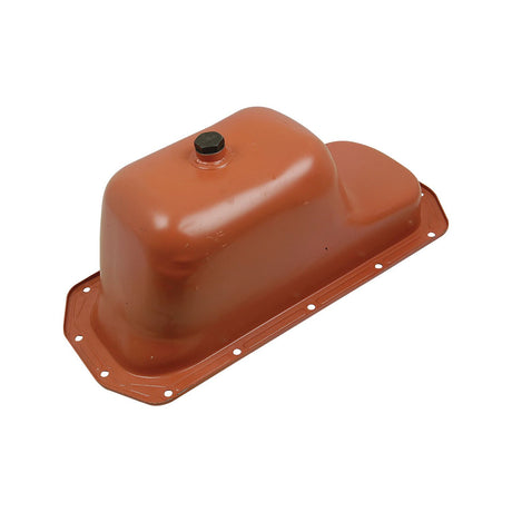 The Sparex Oil Sump (Part No. S.7893) is a metal oil pan with a reddish-brown finish, featuring multiple bolt holes around the edge and a protruding section with a central plug at the top, perfect for International Harvester machinery.