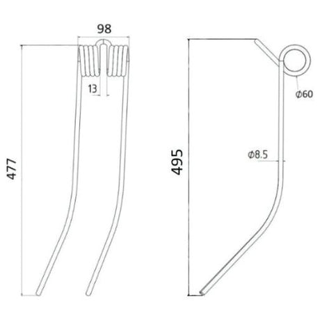 Technical diagram of the Swather/Tedder Tine, a component with dimensions: 477mm length, 98mm width, and an outer diameter of 8.5mm. The component features a bent shape with a loop at one end and is designed as a replacement for Kuhn GA230 model under Sparex Part No.S.78945 by Sparex.