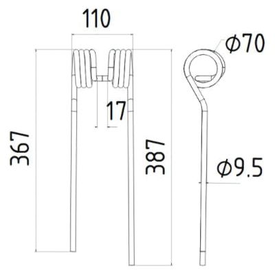 Tedder haytine - LH -  Length:387mm, Width:110mm,⌀9.5mm - Replacement for Kuhn, John Deere, New Holland
 - S.78951 - Farming Parts