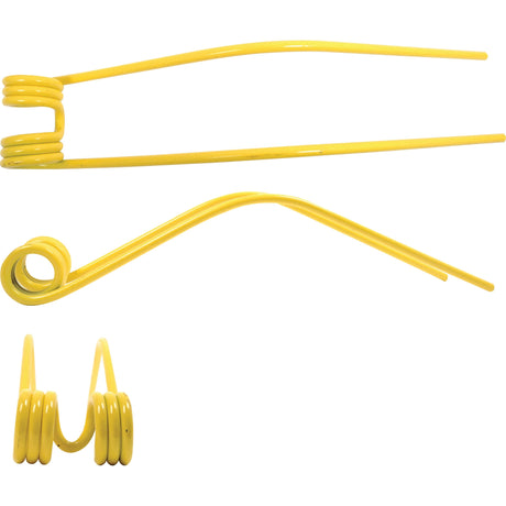 Image of three yellow double torsion springs in different orientations, featuring the Sparex Swather/Tedder Tine replacement for Niemeyer with a length of 510mm, width of 91mm, and Ø10mm.