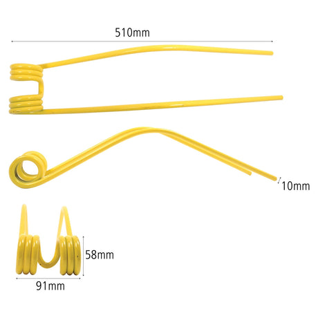 The Sparex Swather/Tedder Tine, designed with precise dimensions of 510mm in length and 91mm in width, features a Ø10mm coil. This component is compatible with the Niemeyer RS311-D models and meets Grange & Walter standards. It can be used as a replacement for part number 600034 (Sparex Part No.: S.78953).