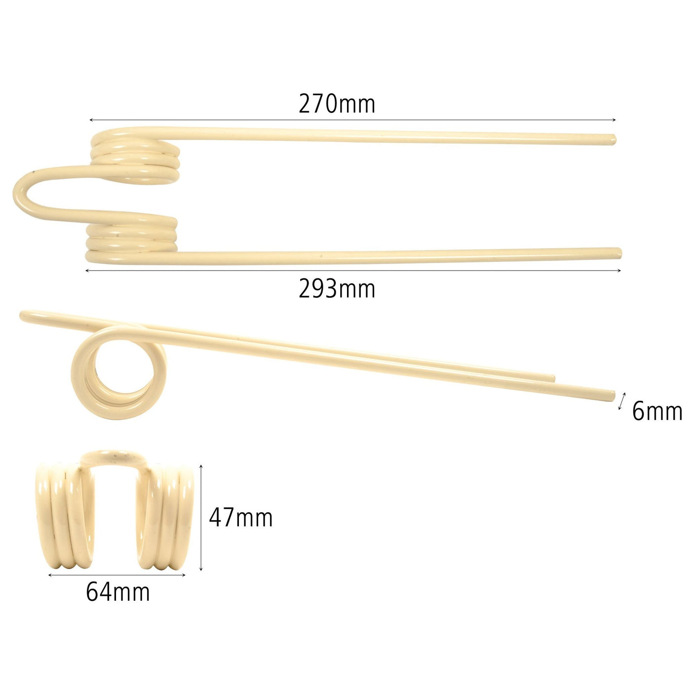 Three views of a Sparex Wheel Rake Tine in beige metal with measurements: length 270mm, total length 293mm, diameter 6mm, coil height 47mm, and width 64mm. Ideal as a replacement for PZ9 Wheel Rake Tine by PZ; reference Sparex Part No. S.78957.