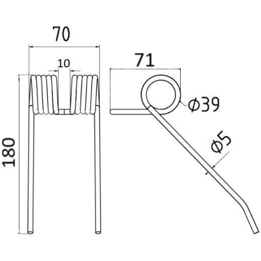 Technical drawing of a Pick-Up Tine with dimensions labeled: height is 180mm, coil width is 70mm, extended length is 71mm, coil diameter is 39mm (similar to the specifications in a Hesston To fit as: 701710102), wire thickness is Ø5mm, and spacing between coils is 10mm - Replacement for Hesston | Brand Name: Sparex | Sparex Part No.S.78963.