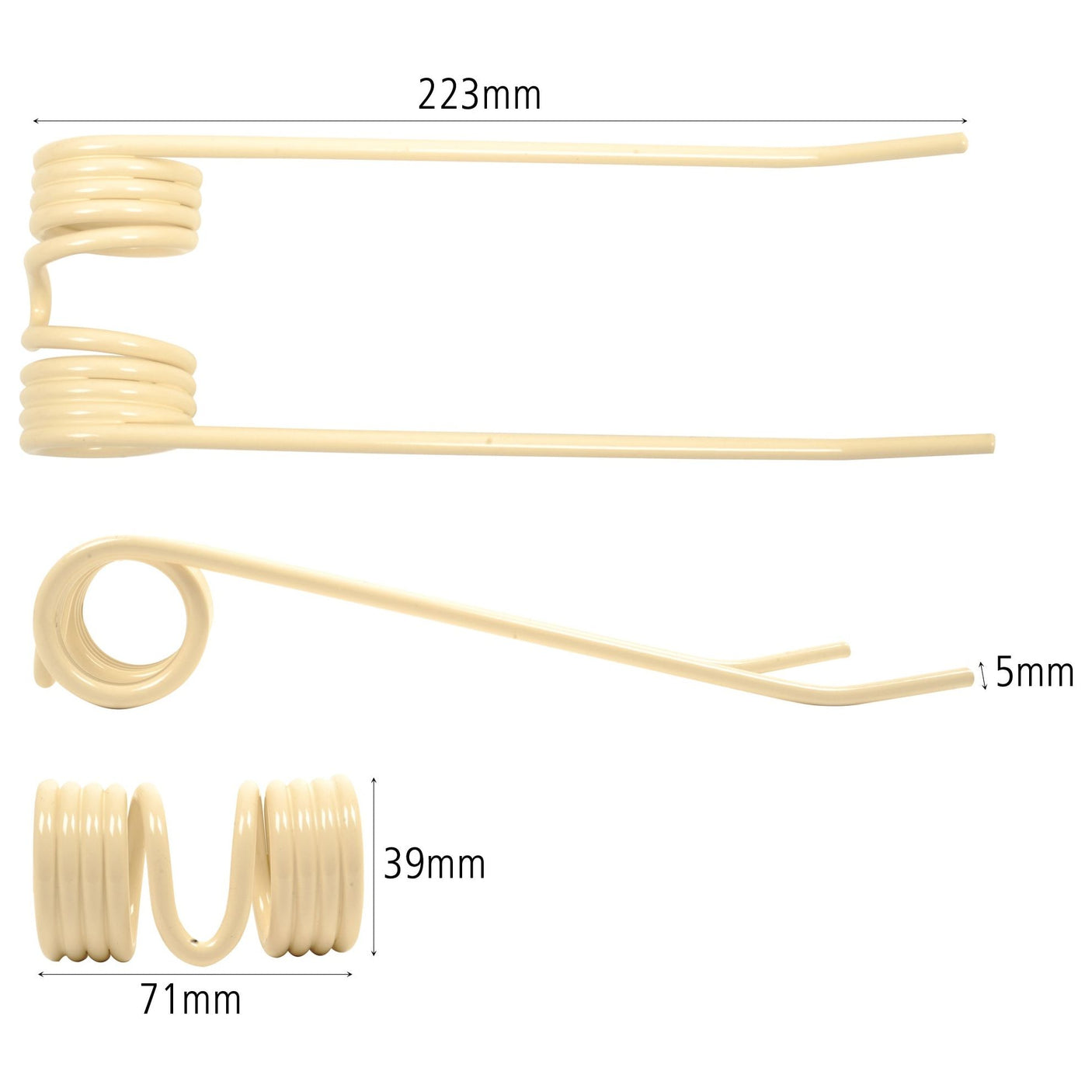 Image of three beige coiled plastic tubes with measurement annotations. One measures 223mm in length, another indicates an outer diameter of 39mm, and one segment shows a width of 71mm with a thickness of 15mm at various points. These measurements are consistent with the specifications for the Pick-Up Tine by Sparex, part number S.78964, which is a replacement for the Rivierre Casalis model 81432.