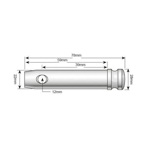 Technical drawing of a cylindrical object, identified as the Lower Link Pin 22x39mm Cat. 1 by Sparex, with various dimensions labeled. This product features a button and has an overall length of 78mm and measures 22mm in width, with different sections measuring 59mm, 39mm, 28mm, and 12mm. The Sparex Part No. is S.78.