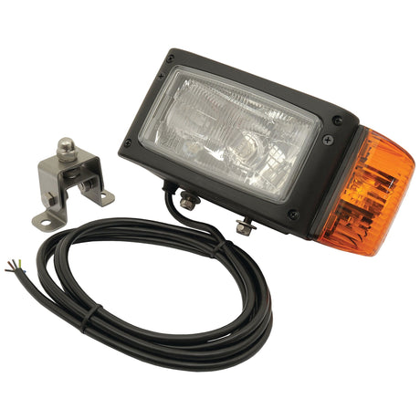 The Sparex Combination Head Light (Halogen), 12/24V, LH, Straight Dip - S.790242 is a rectangular vehicle headlight assembly featuring a black frame with clear and amber sections, an attached cord, included metal mounting hardware, and an IP55 rating. It also functions as a front indicator halogen light.