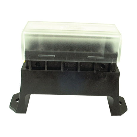 The Sparex Blade Fuse Box 6 Fuse - S.79054 is black and rectangular with a clear plastic cover, two mounting tabs on each side, and rear cable entry.