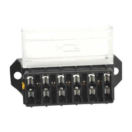 Image of a Sparex Blade Fuse Box 6 Fuse - S.79054 with six metal terminal slots, a translucent plastic cover labeled "MTA," and rear cable entry.