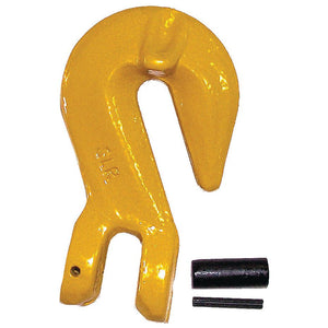 The Clevis Grab Hook & Wings - 10mm (S.790703) from Sparex is shown in yellow with two additional components, likely a pin and a locking clip, laying beside it. The hook ensures a reliable Safe Working Load (SWL) for secure lifting operations.