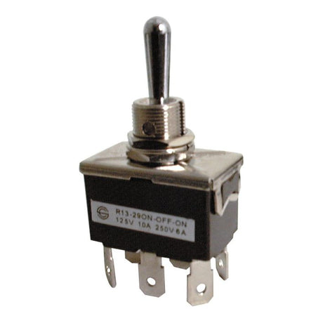 A metal toggle switch featuring the label "R13-29 ON-OFF-ON 125V 10A 250V 6A" and equipped with four spade terminals at the base, branded as Sparex and identified by Sparex part number S.79139.