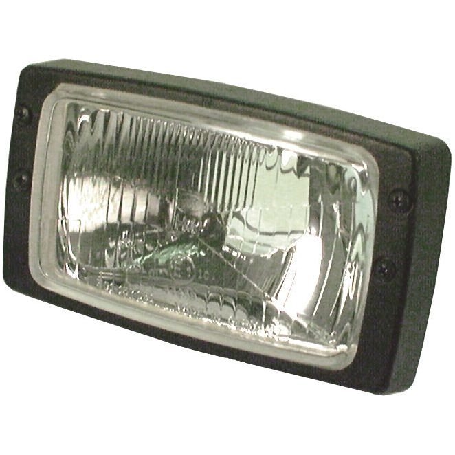 The Sparex Head Light, model S.79214, is a rectangular halogen headlight with a clear glass lens encased in a black plastic frame. It features a reflective interior surface, corner-mounted screws for easy installation, and E Approval.