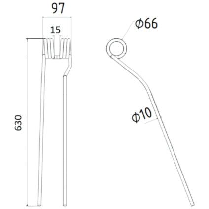 Swather haytine - RH -  Length:630mm, Width:97mm,⌀10mm - Replacement for Krone
 - S.79222 - Farming Parts