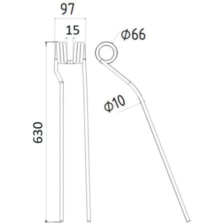 Swather haytine - LH -  Length:630mm, Width:97mm,⌀10mm - Replacement for Krone
 - S.79223 - Farming Parts